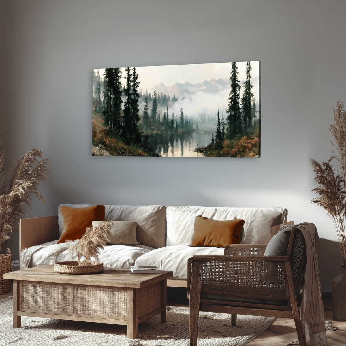 Misty pine lake mountain painting canvas wall art in a rustic living room