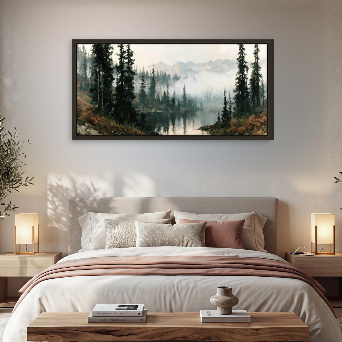 Misty pine lake mountain painting framed canvas wall art in a bedroom above the bed