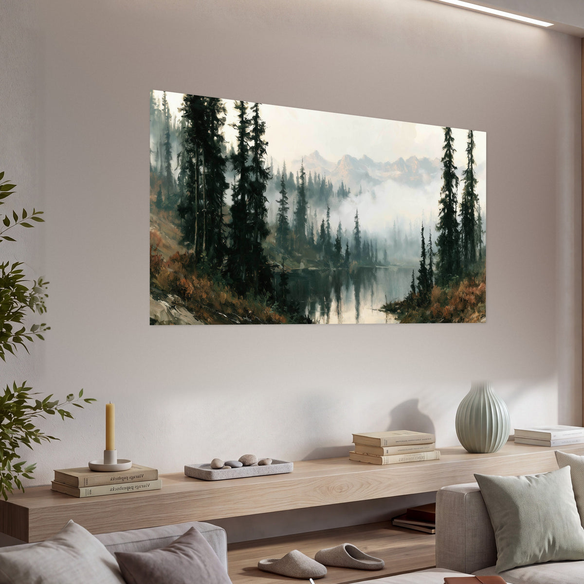 Misty pine lake mountain painting poster print in a living room above a console