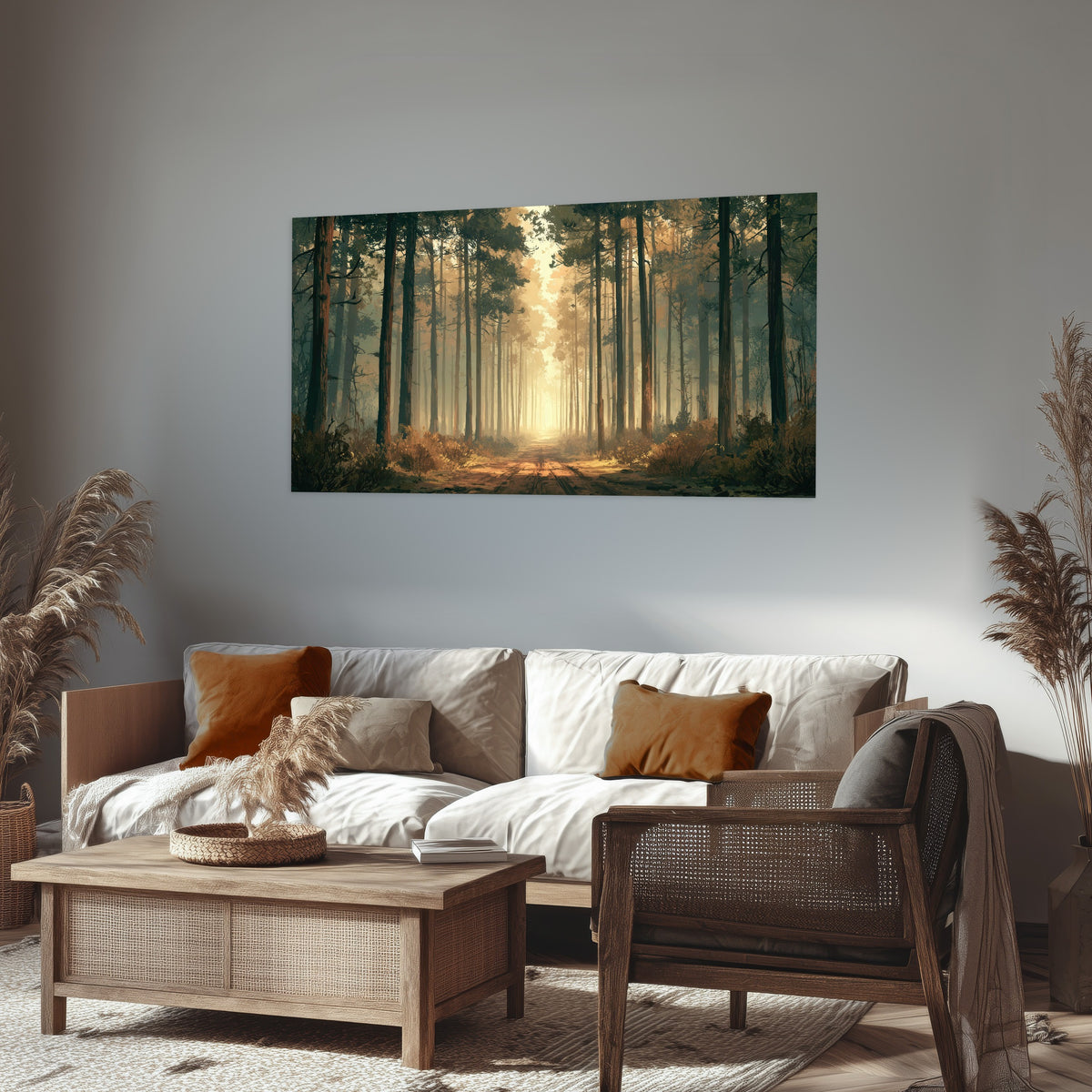 Sunlit pine forest road painting poster print in a rustic living room