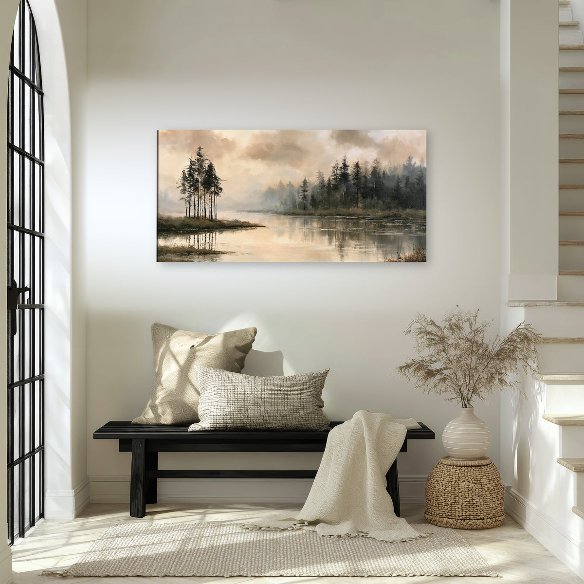 Misty lake pines painting canvas wall art in an entryway above a bench