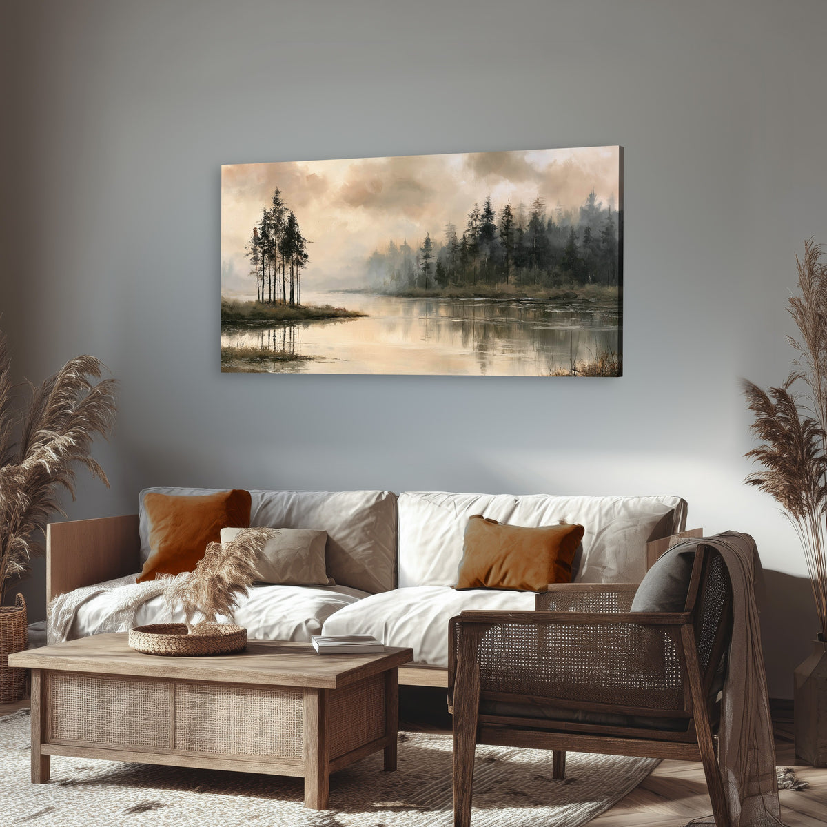 Misty lake pines painting canvas wall art in a rustic living room