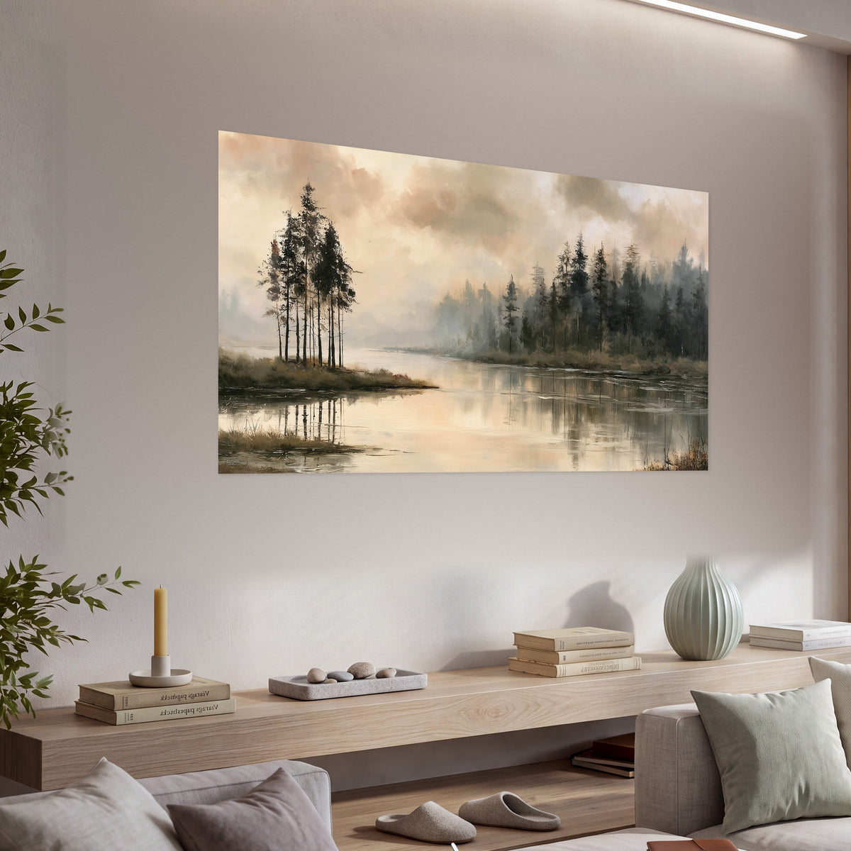 Misty lake pines painting poster print in a living room above a console