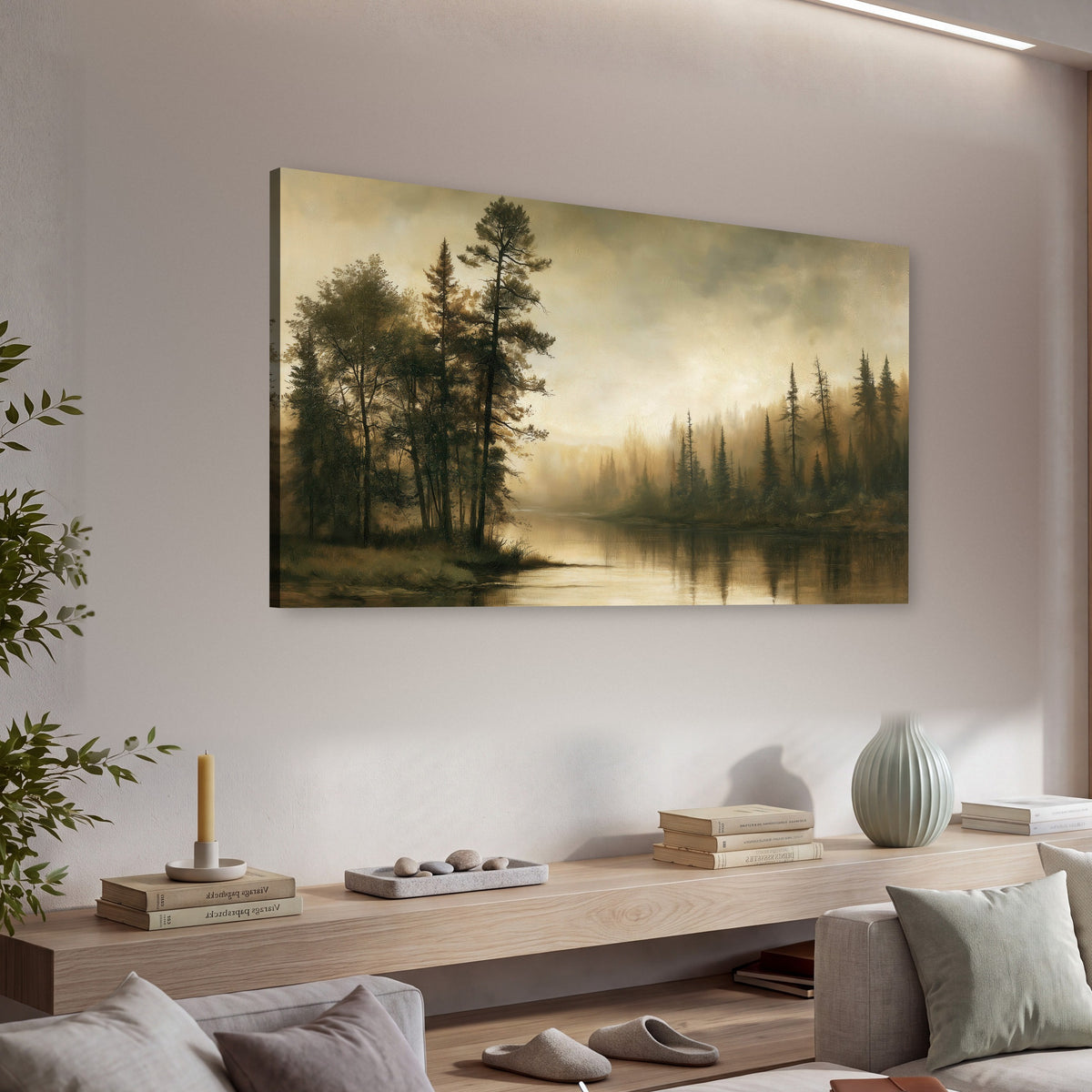 Sepia river forest painting canvas wall art in a living room above a console