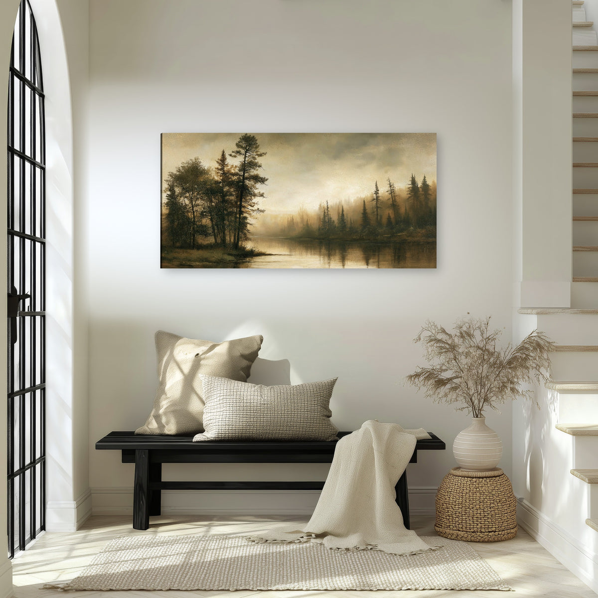 Sepia river forest painting canvas wall art in an entryway above a bench