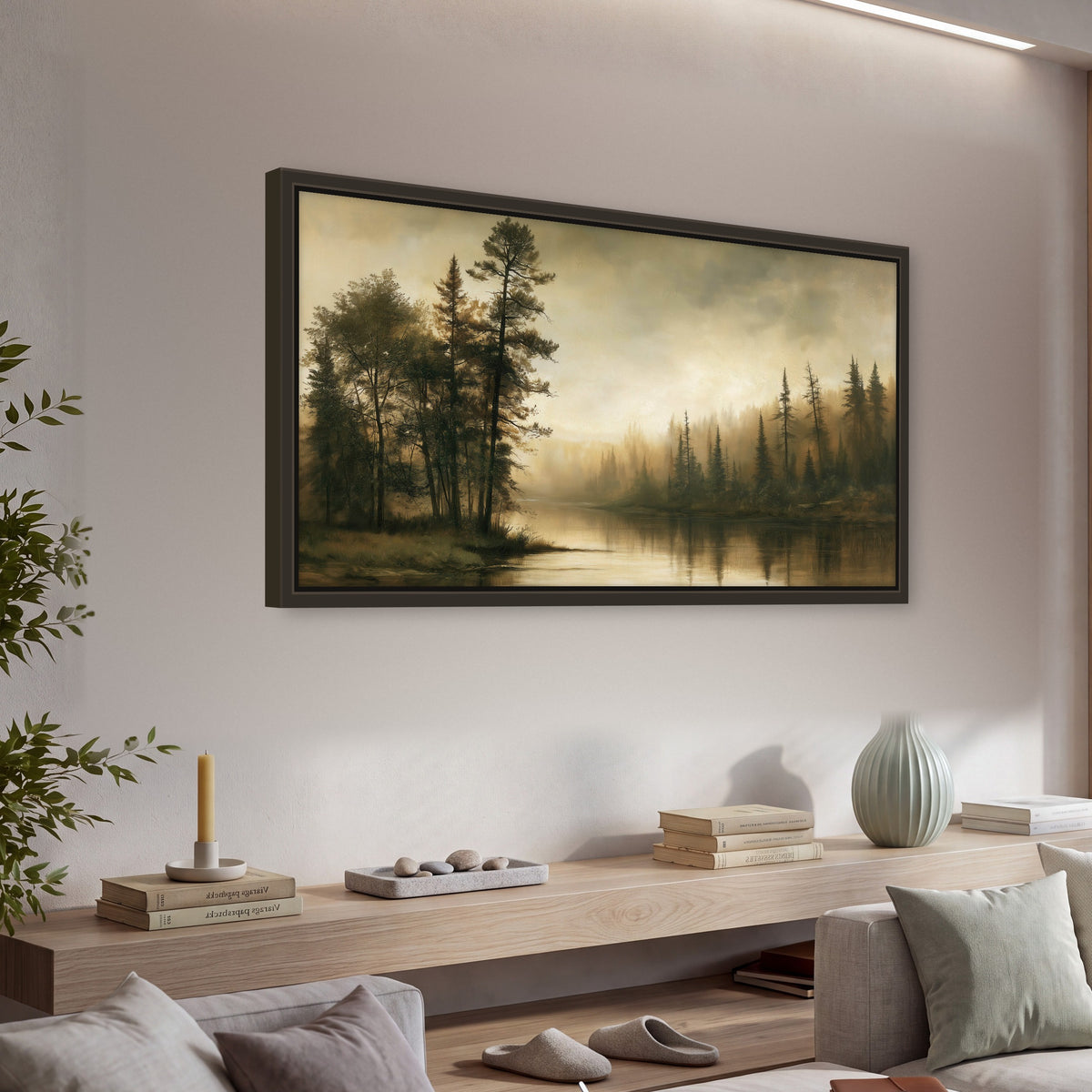 Sepia river forest painting framed canvas wall art in a living room above a console
