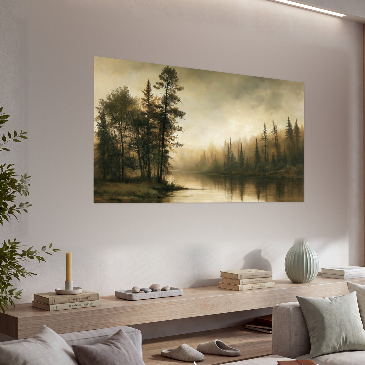 Sepia river forest painting poster print in a living room above a console