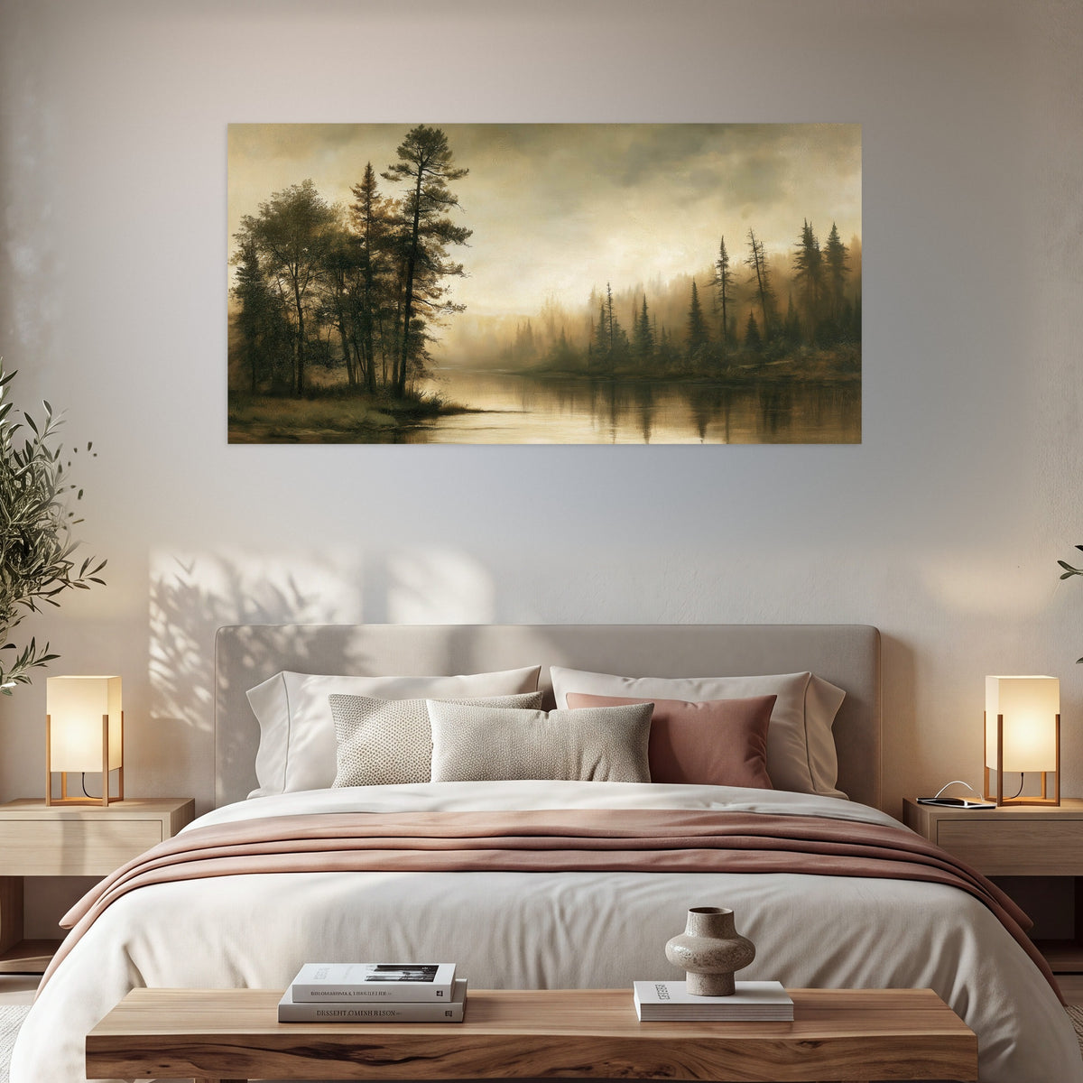 Sepia river forest painting poster print in a bedroom above the bed