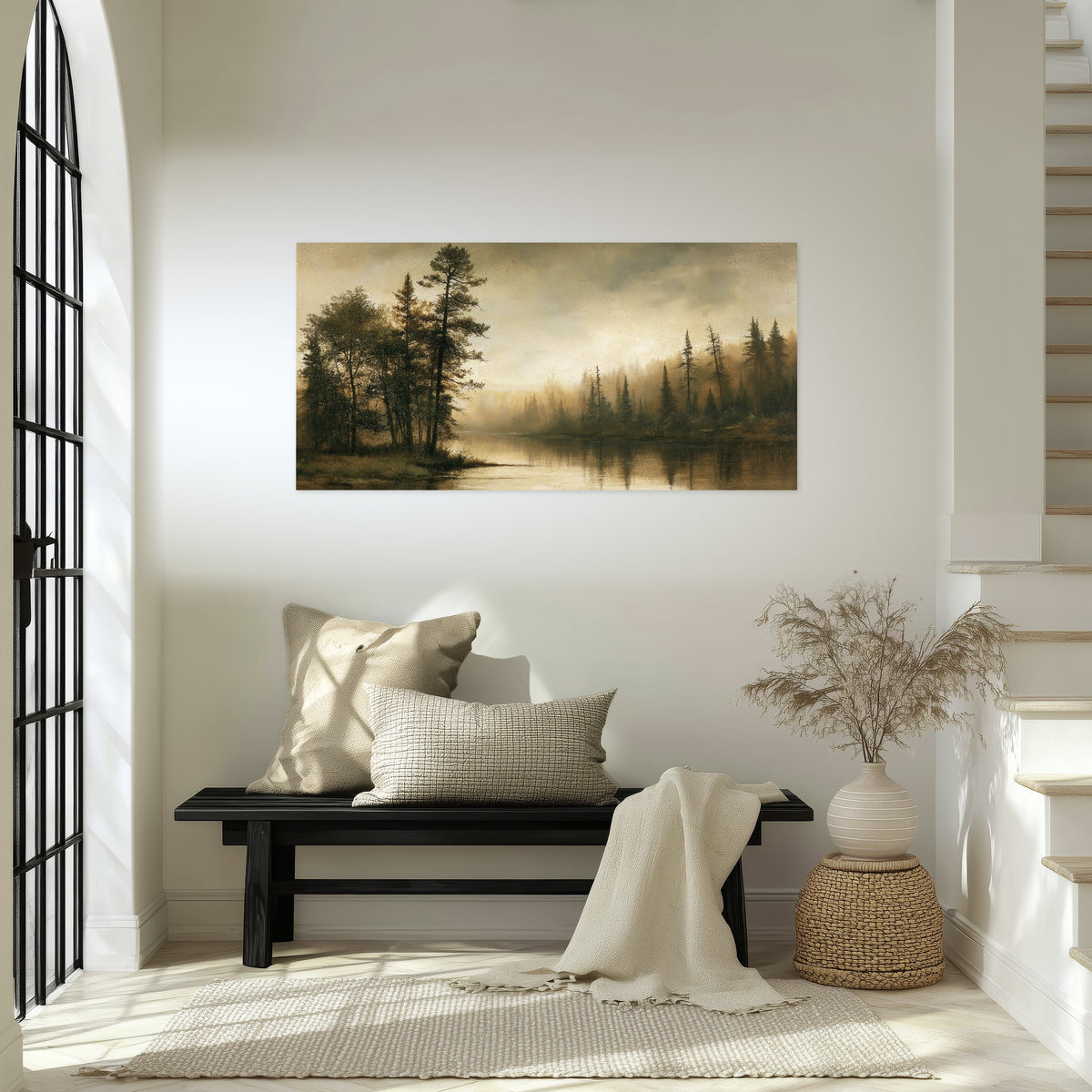 Sepia river forest painting poster print in an entryway above a bench
