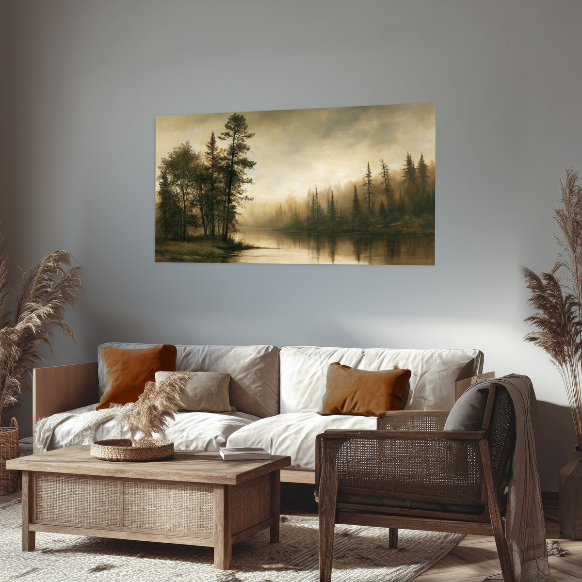 Sepia river forest painting poster print in a rustic living room