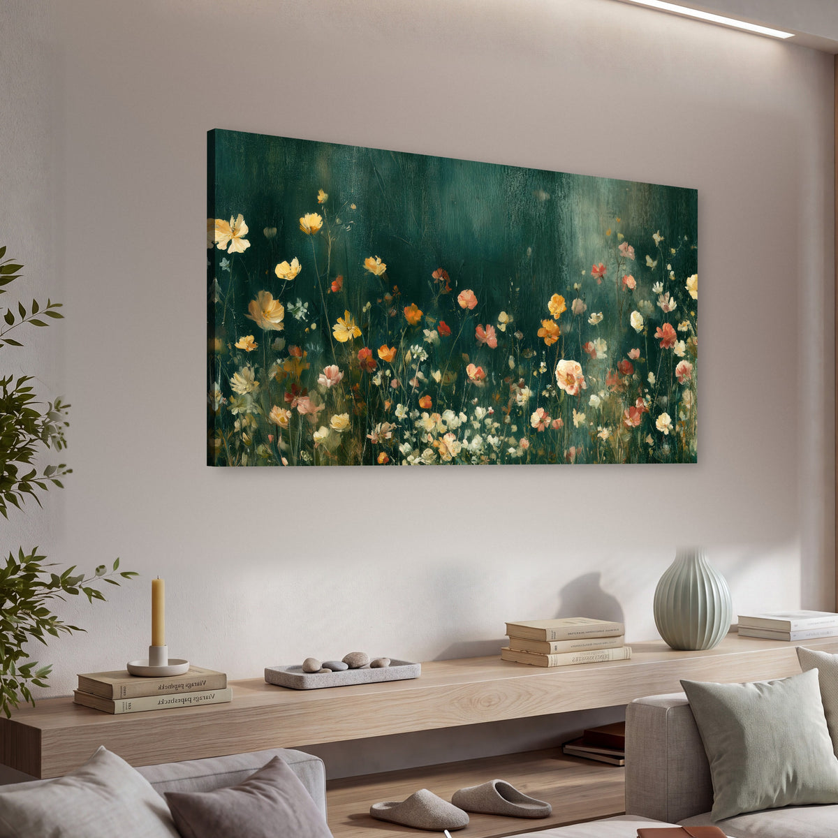 Moody wildflower garden painting canvas wall art in a living room above a console