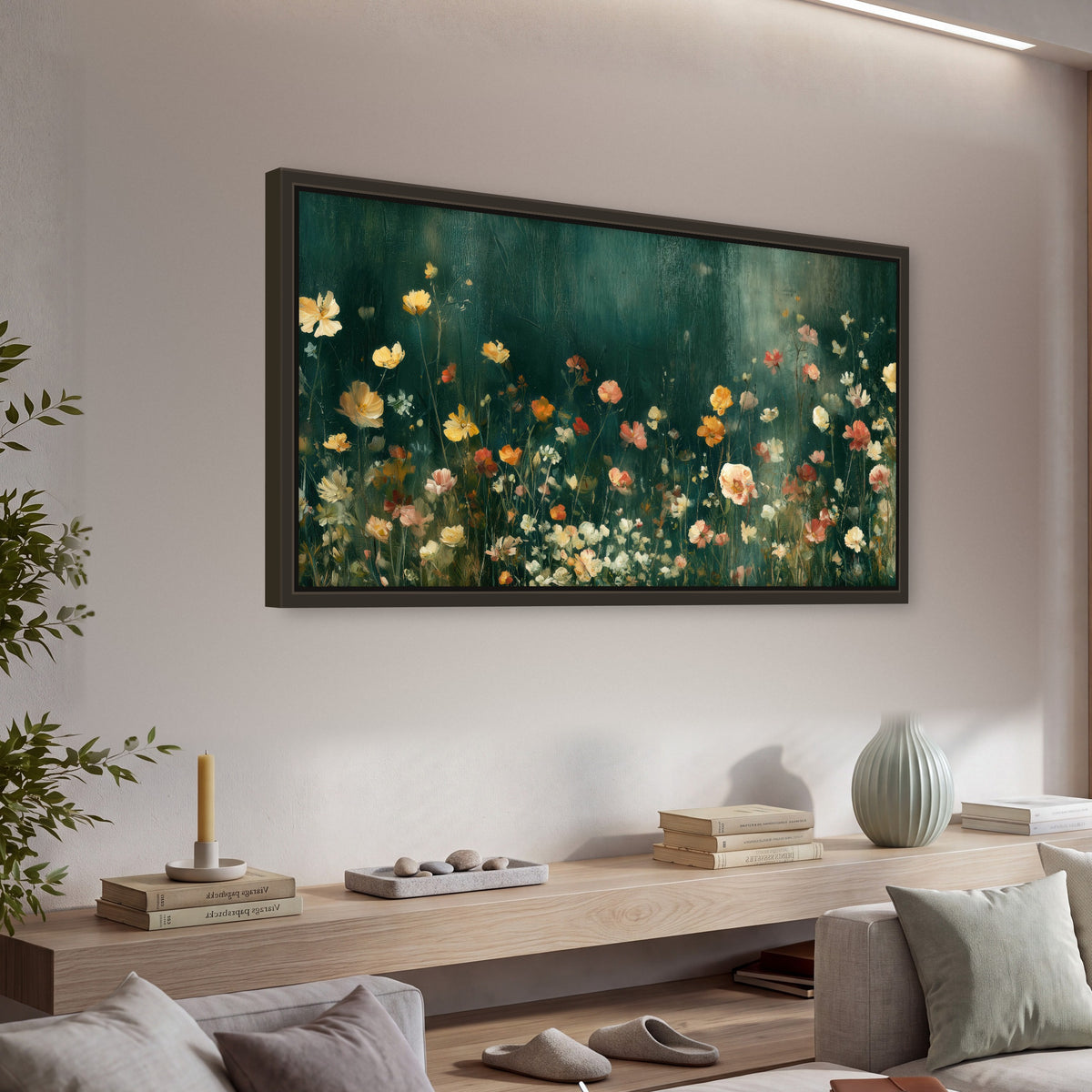 Moody wildflower garden painting framed canvas wall art in a living room above a console