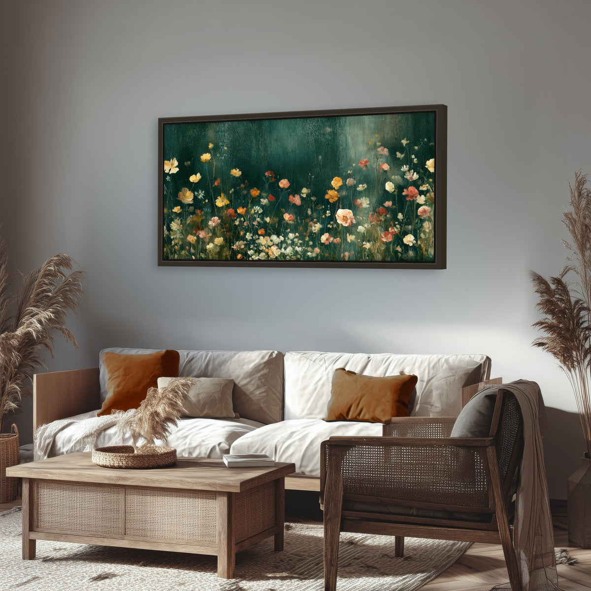 Moody wildflower garden painting framed canvas wall art in a rustic living room