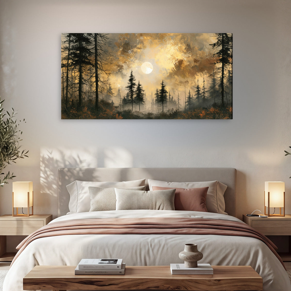 Moonlit pine forest painting canvas wall art in a bedroom above the bed