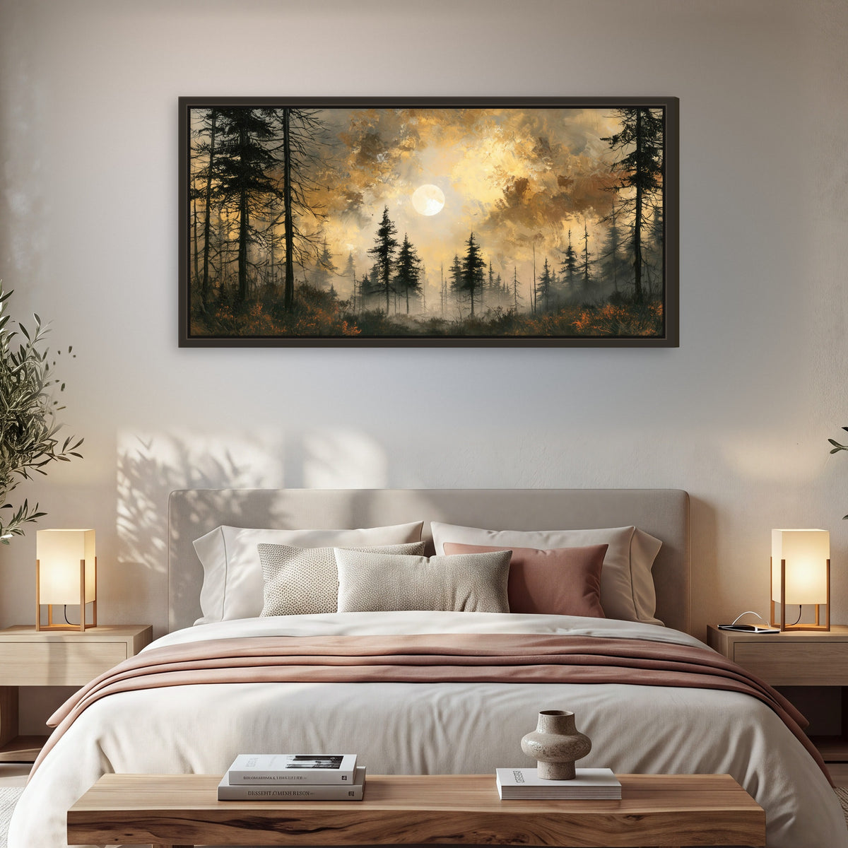 Moonlit pine forest painting framed canvas wall art in a bedroom above the bed
