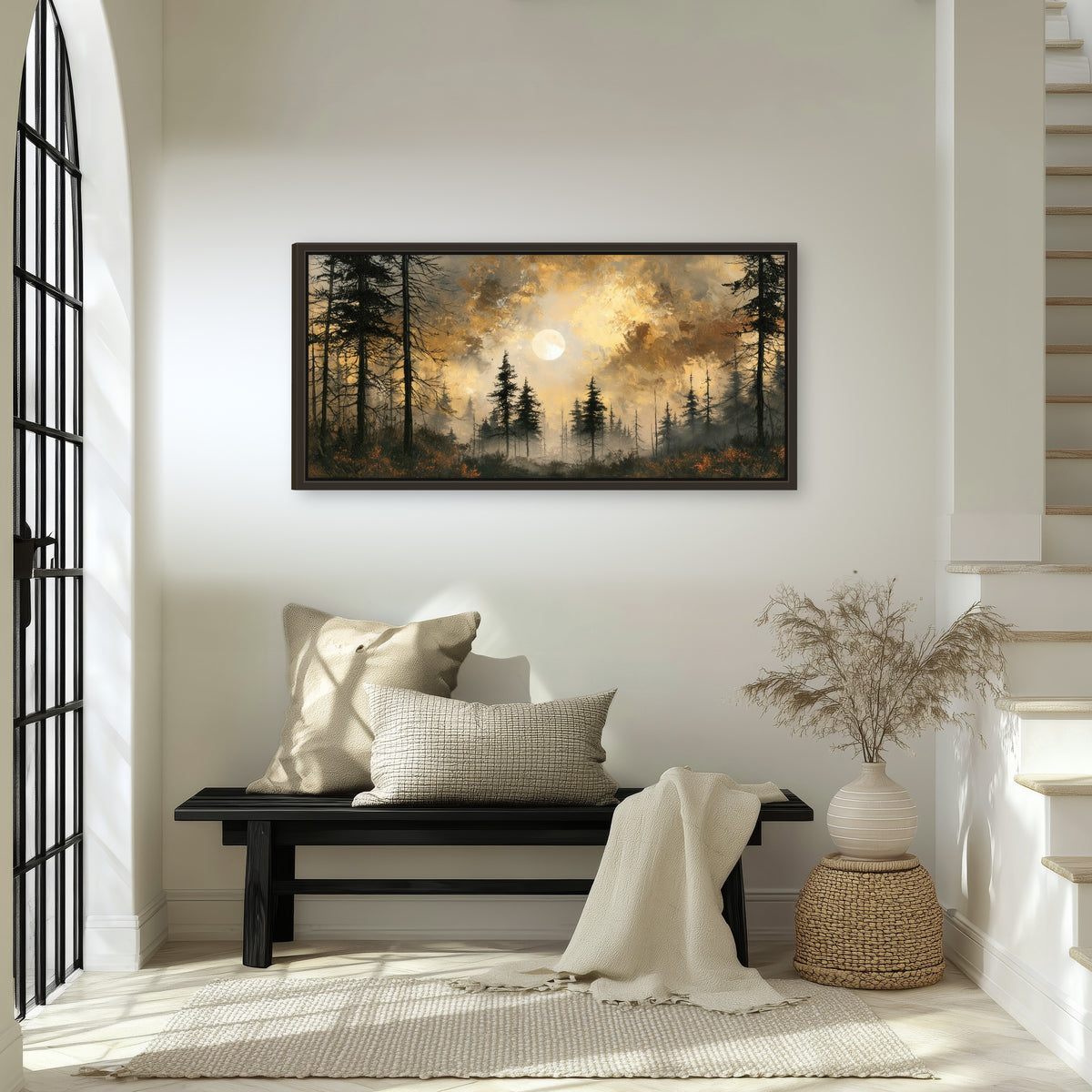 Moonlit pine forest painting framed canvas wall art in an entryway above a bench