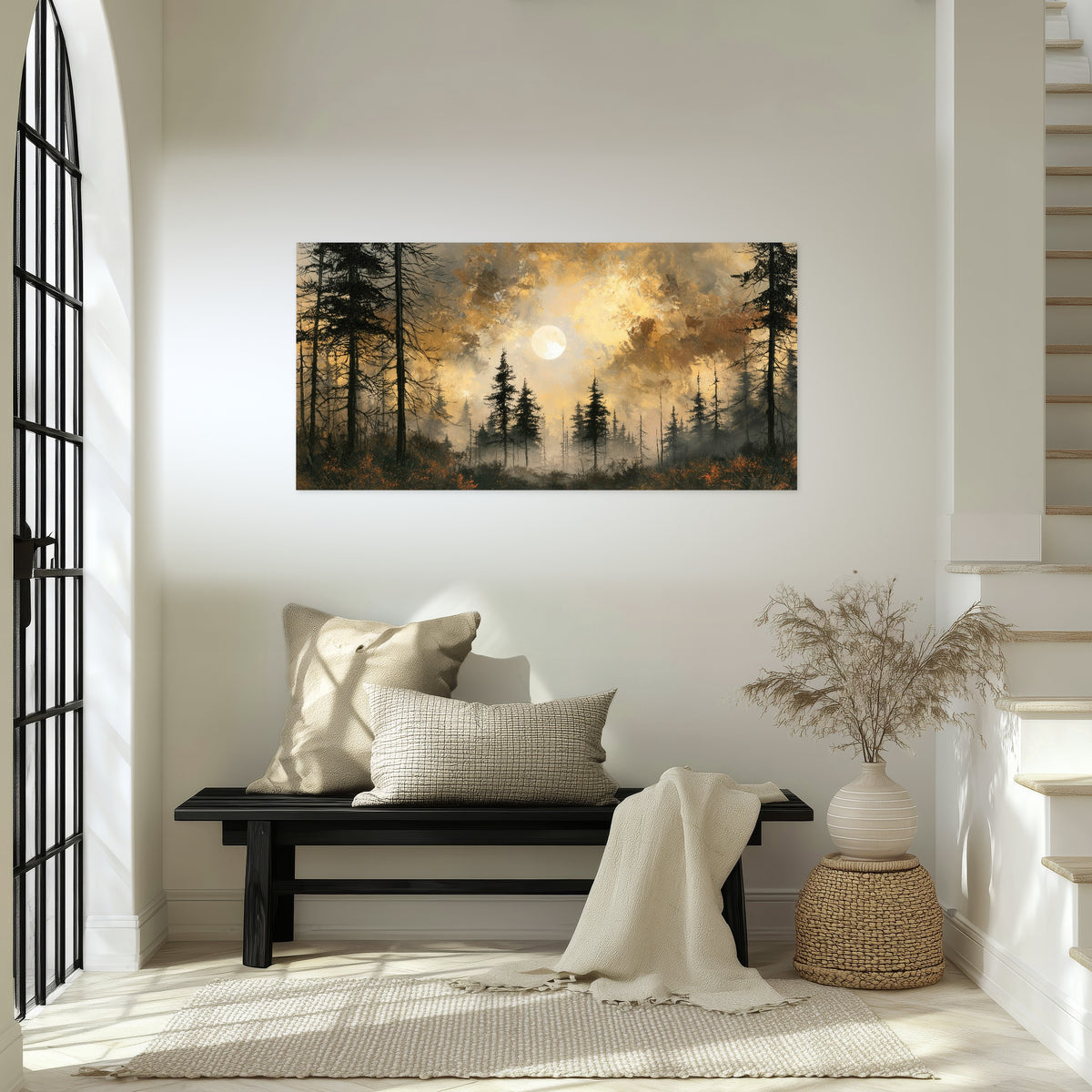Moonlit pine forest painting poster print in an entryway above a bench