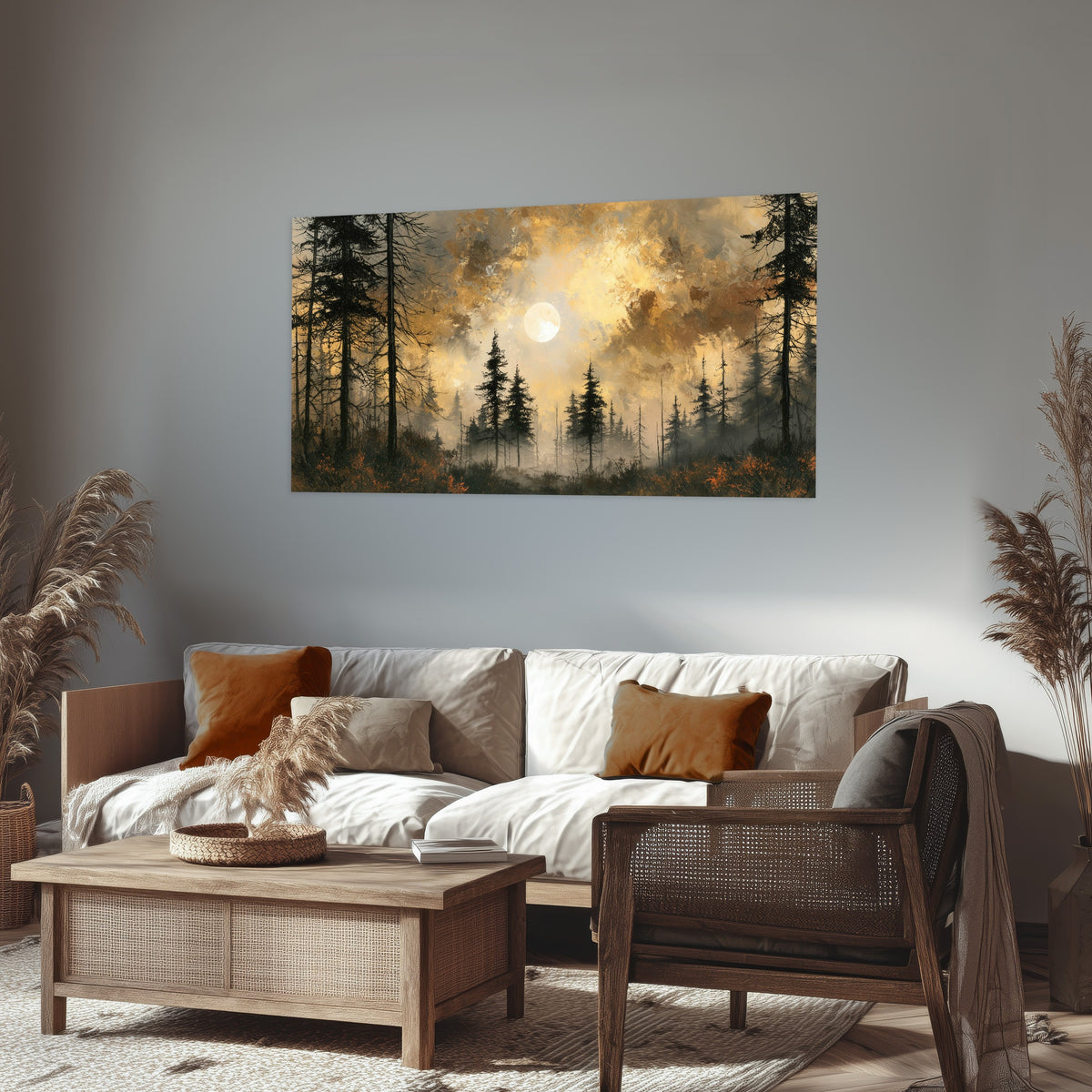 Moonlit pine forest painting poster print in a rustic living room
