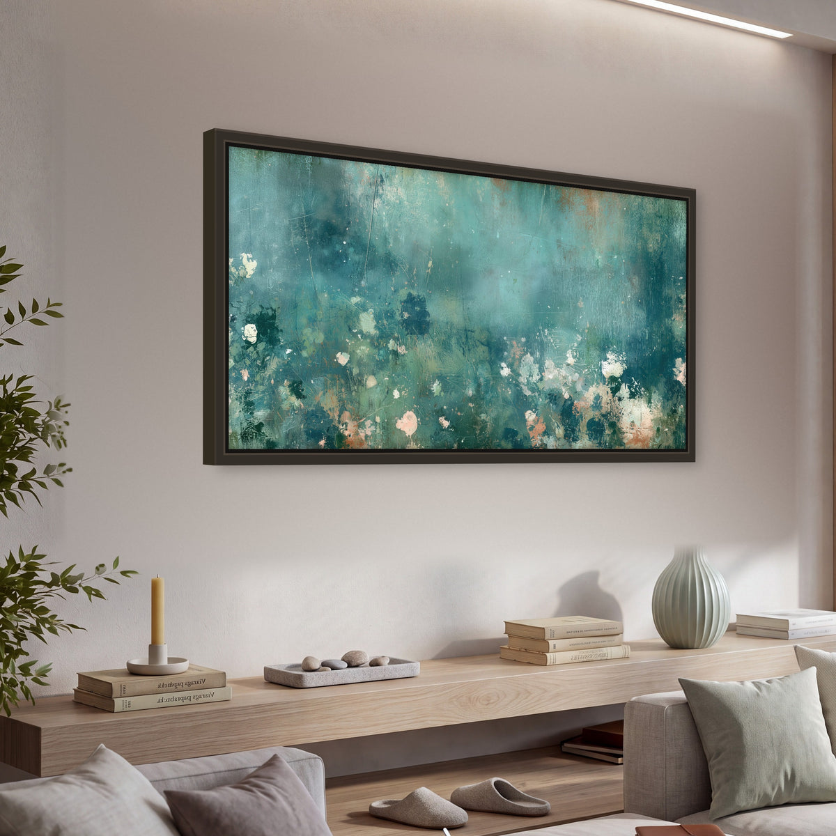 Teal abstract garden painting framed canvas wall art in a living room above a console