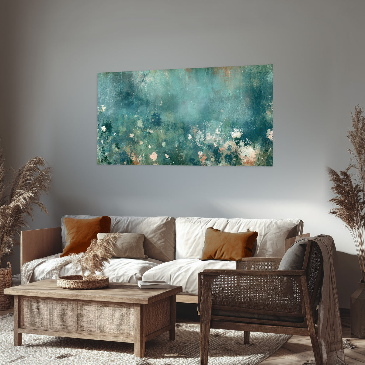 Teal abstract garden painting poster print in a rustic living room