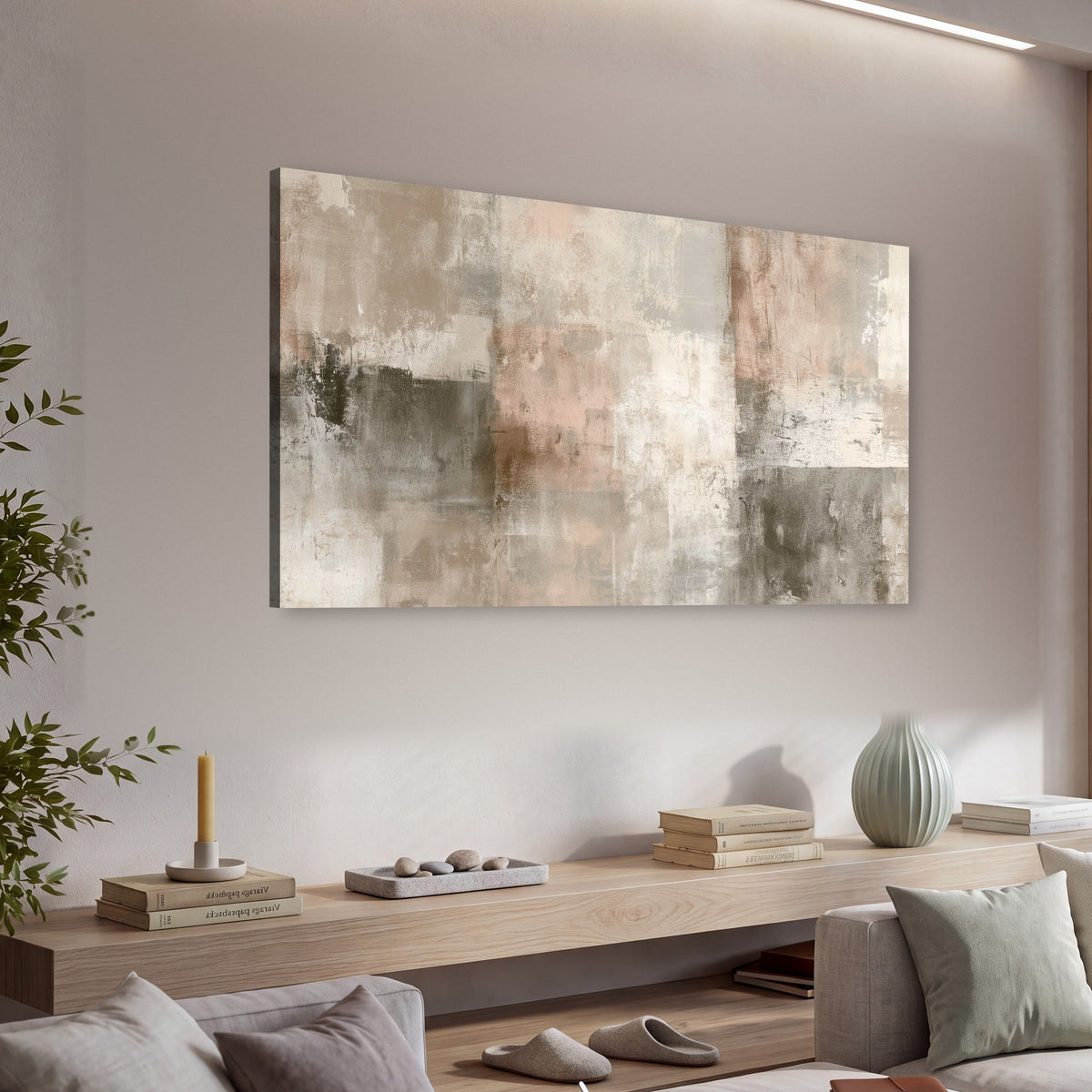 Blush and taupe abstract painting canvas wall art in a living room above a console