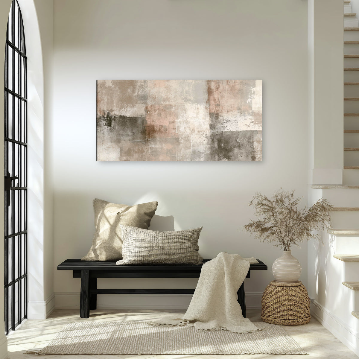 Blush and taupe abstract painting canvas wall art in an entryway above a bench
