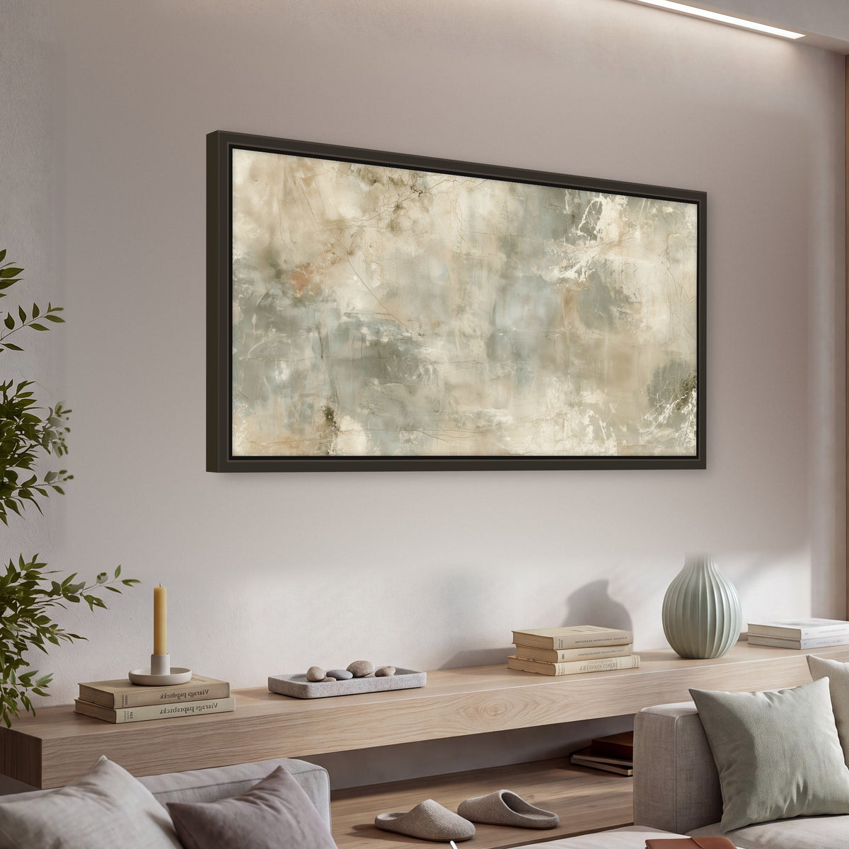 Neutral marble abstract painting framed canvas wall art in a living room above a console