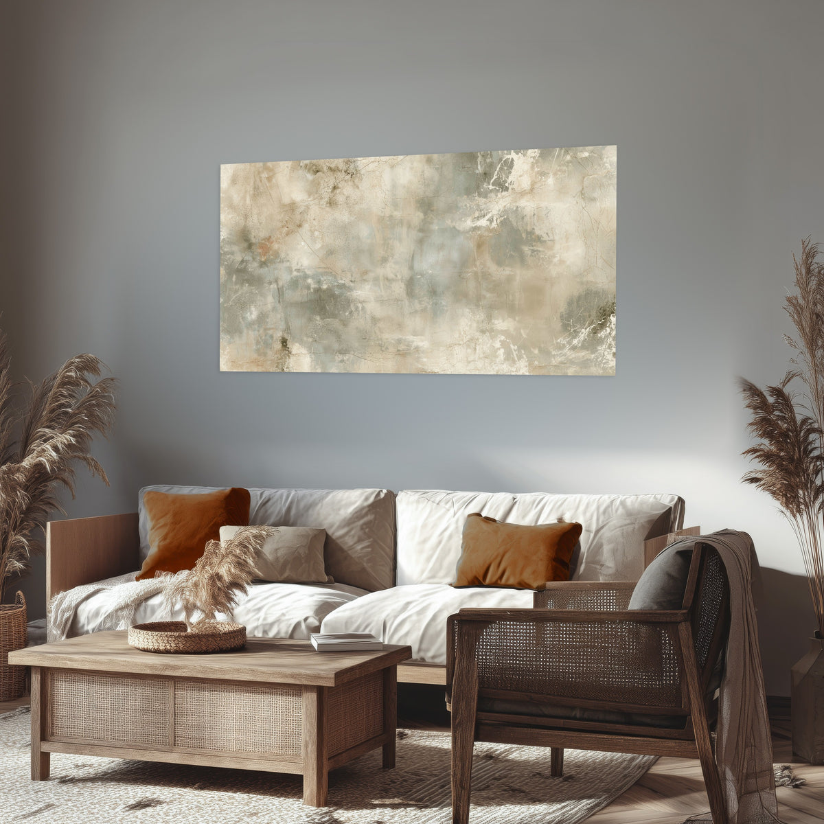 Neutral marble abstract painting poster print in a rustic living room
