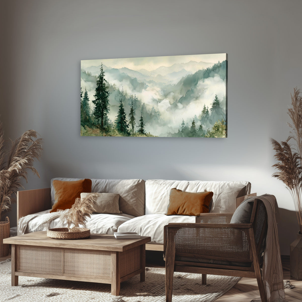 Watercolor misty mountain forest painting canvas wall art in a rustic living room