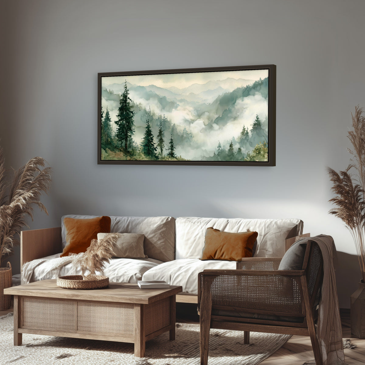 Watercolor misty mountain forest painting framed canvas wall art in a rustic living room