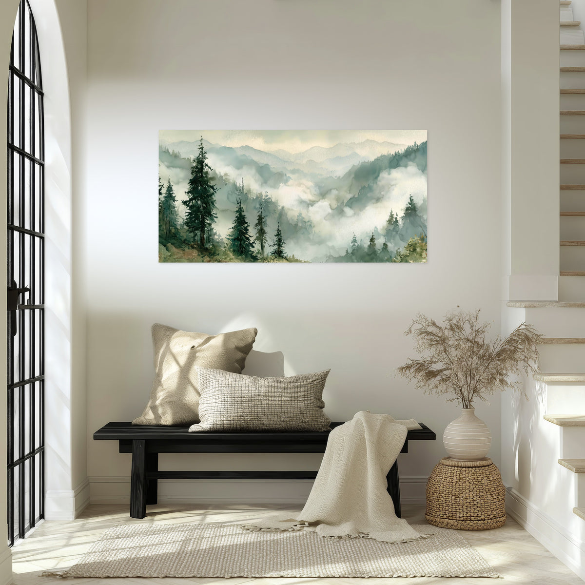 Watercolor misty mountain forest painting poster print in an entryway above a bench
