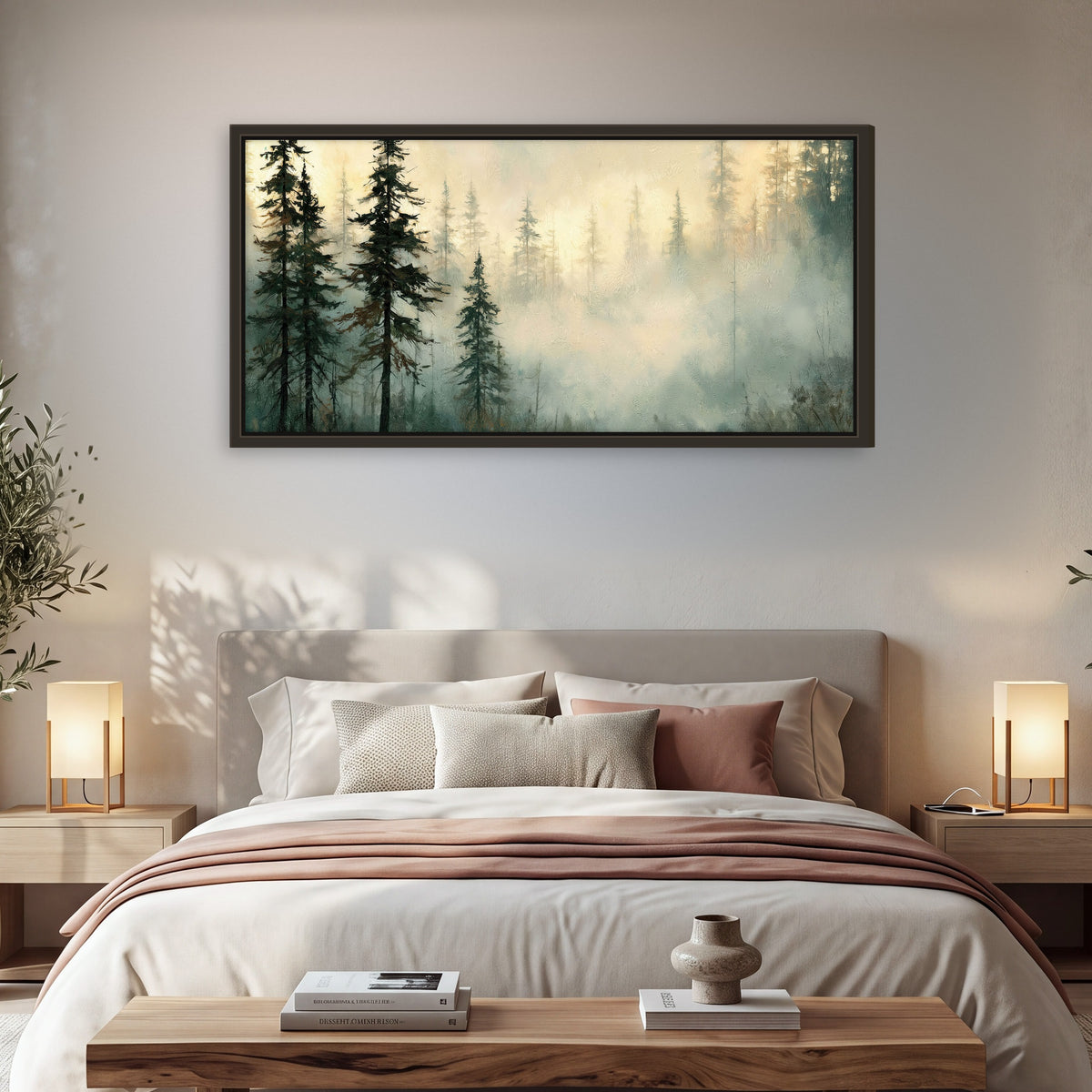 Foggy evergreen forest painting framed canvas wall art in a bedroom above the bed