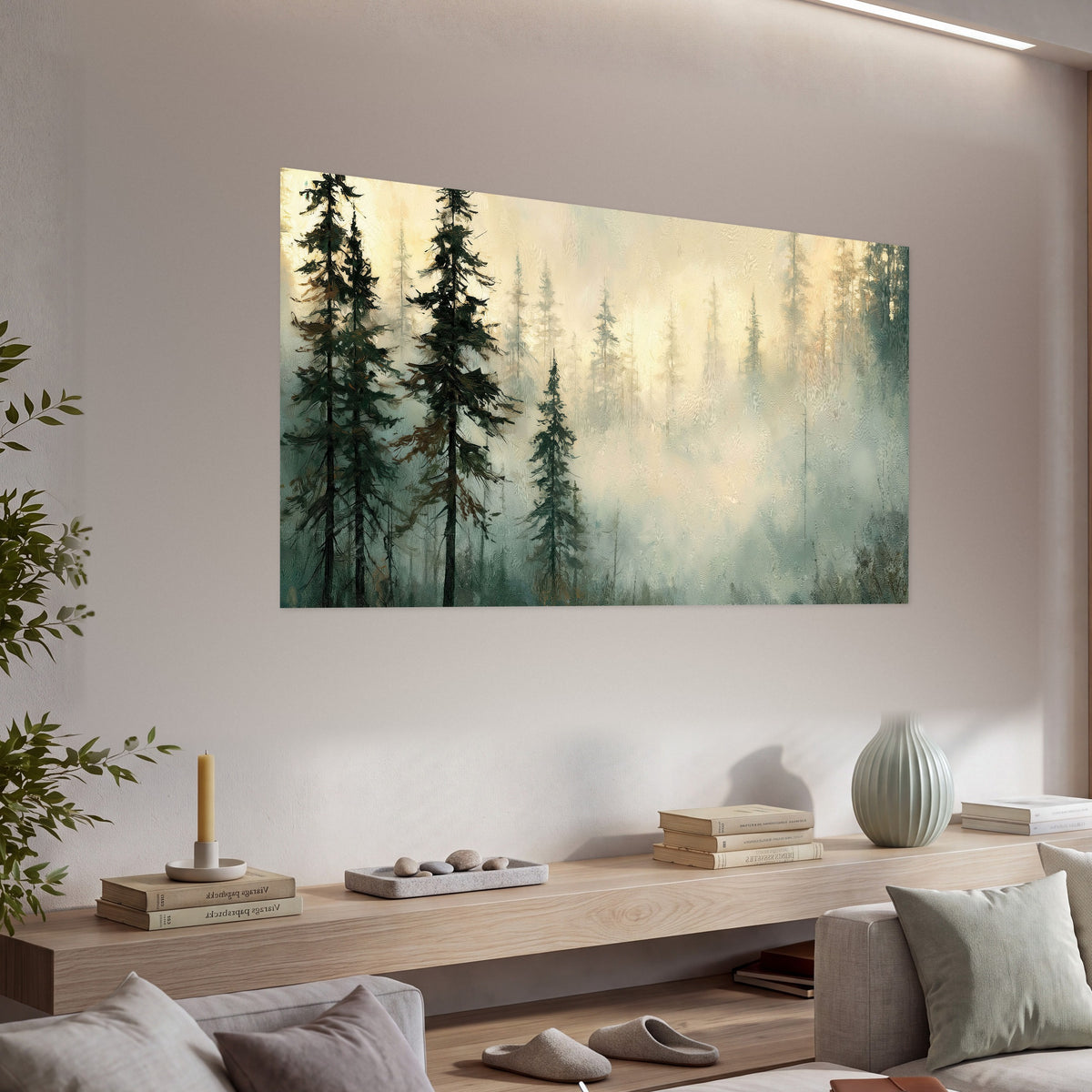 Foggy evergreen forest painting poster print in a living room above a console