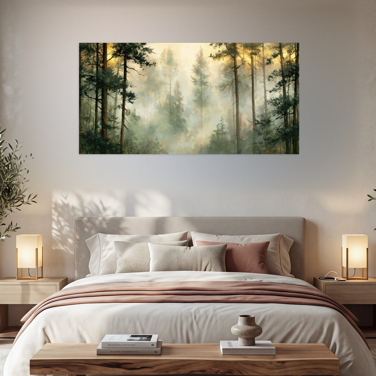 Golden misty pine forest painting poster print in a bedroom above the bed