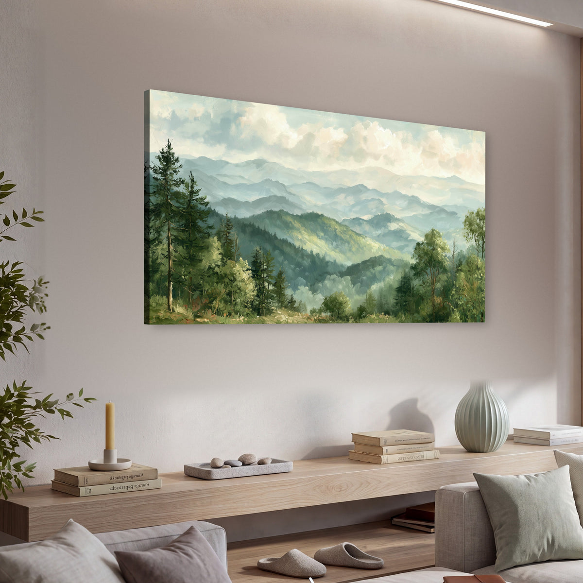 Green mountain valley painting canvas wall art in a living room above a console