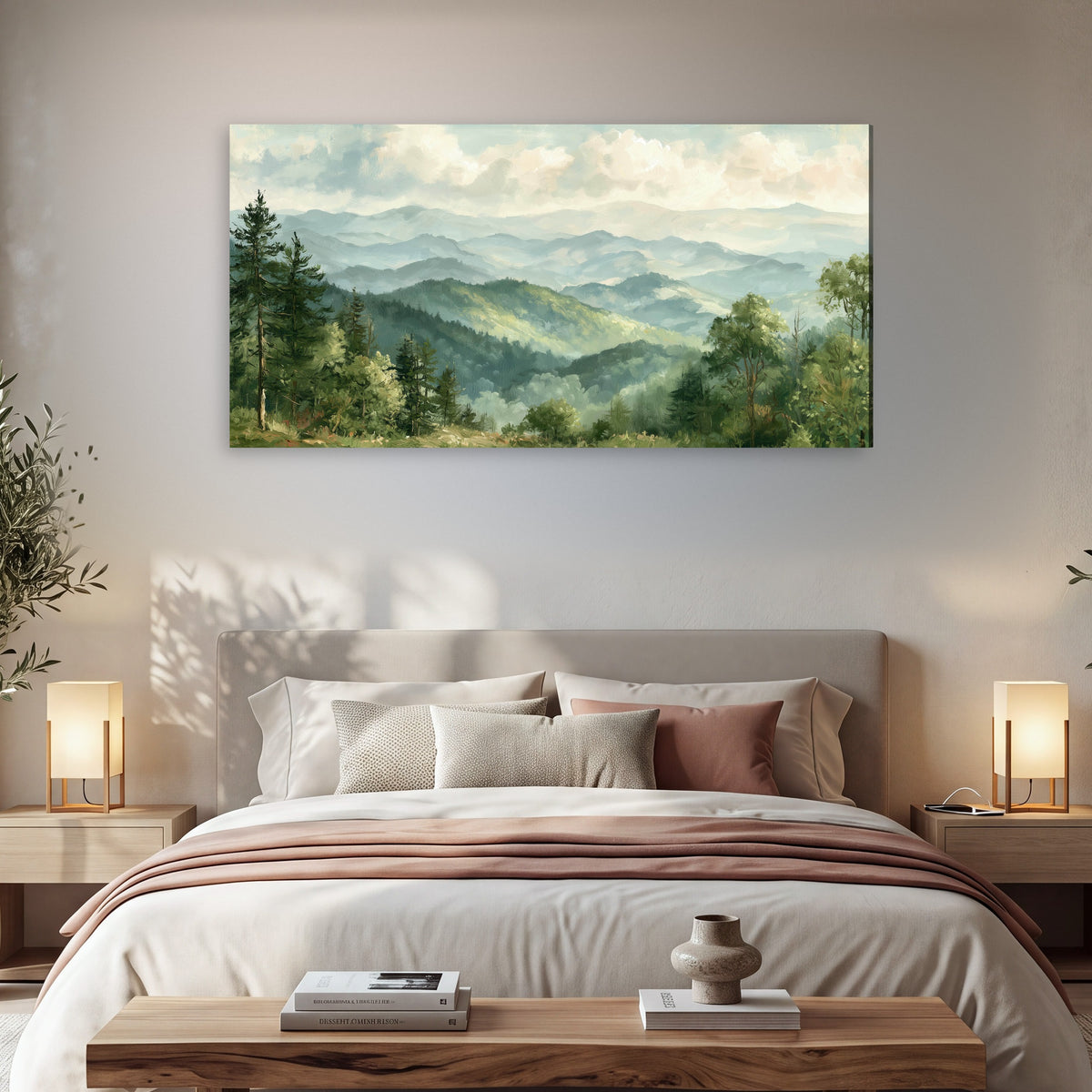 Green mountain valley painting canvas wall art in a bedroom above the bed