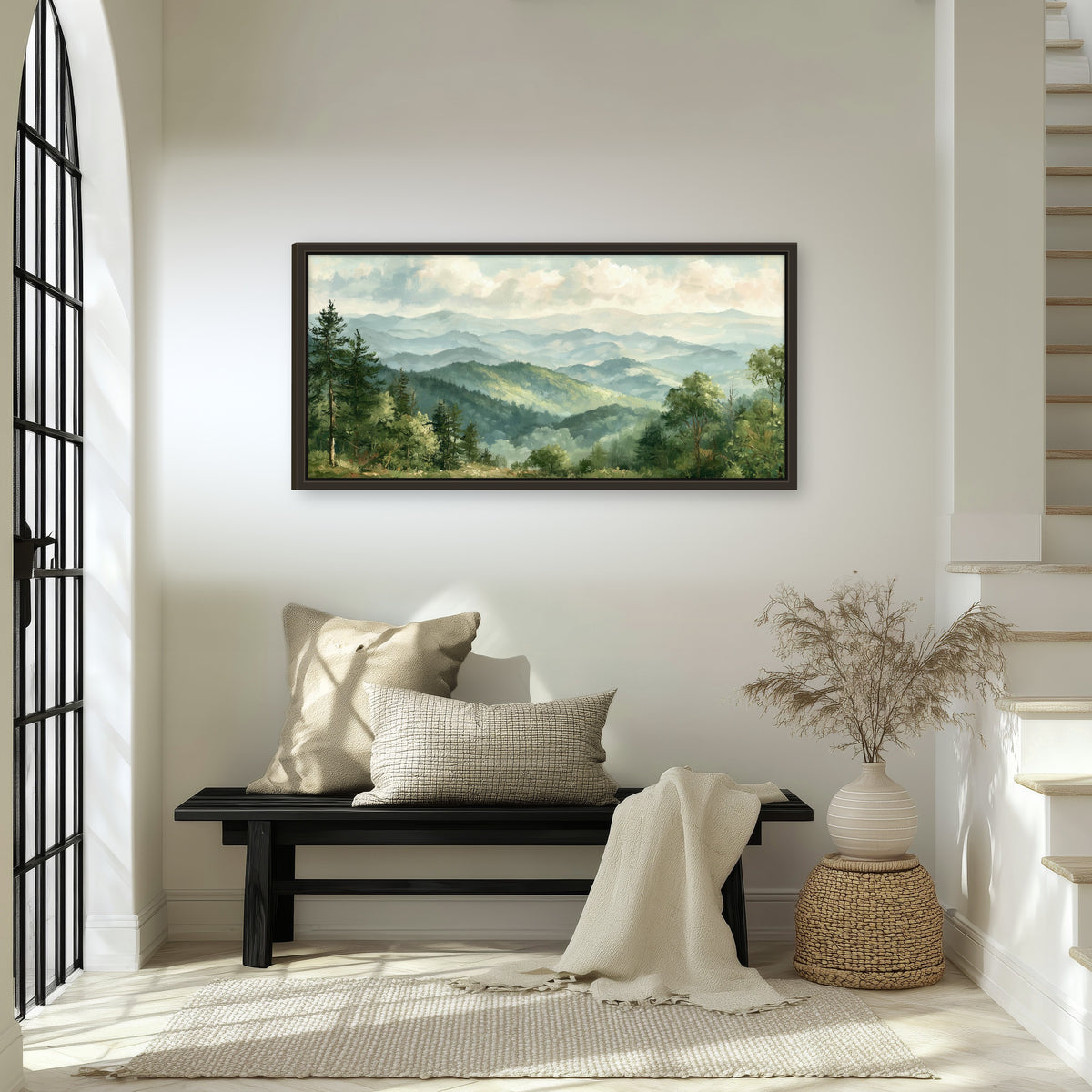 Green mountain valley painting framed canvas wall art in an entryway above a bench