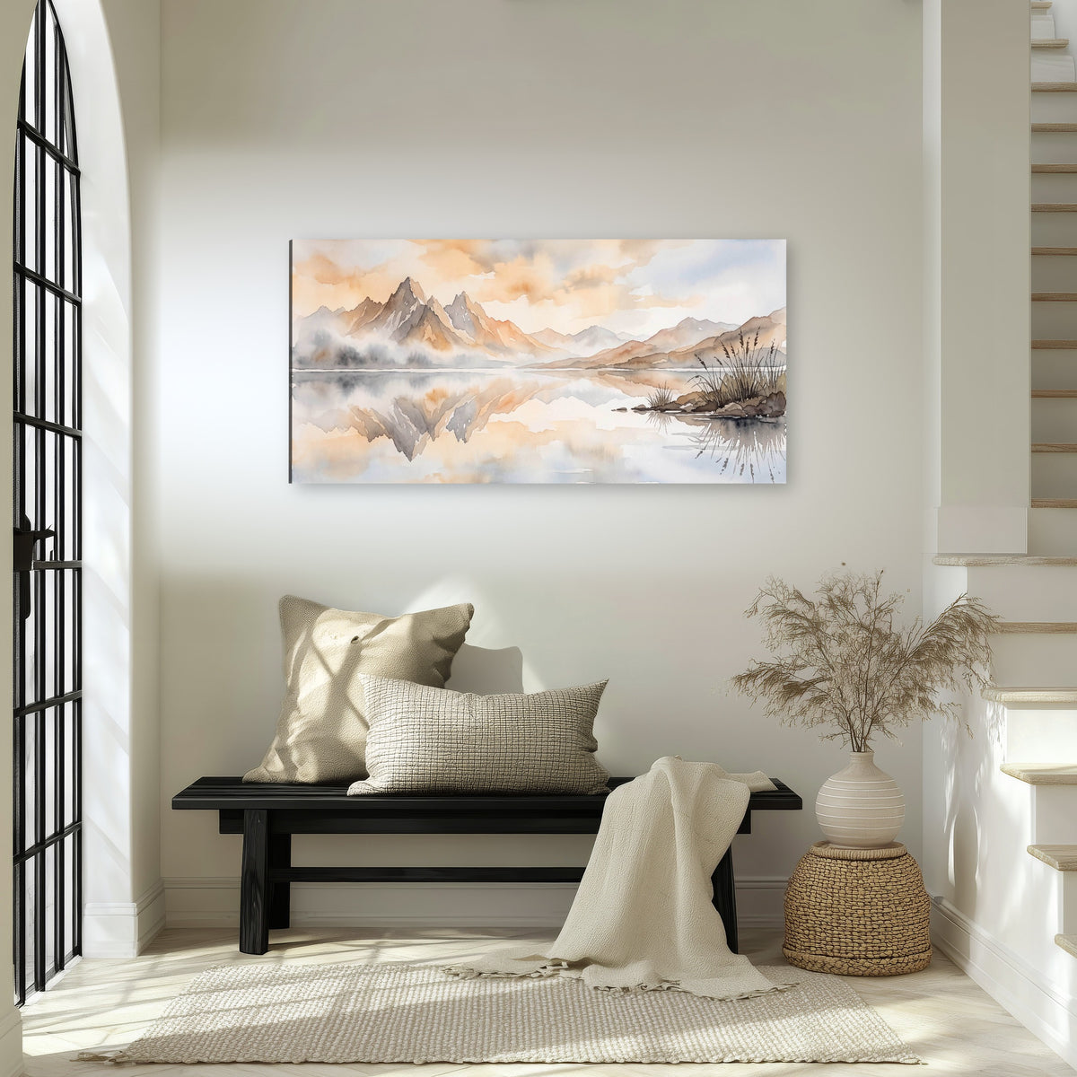 Watercolor mountain lake painting canvas wall art in an entryway above a bench