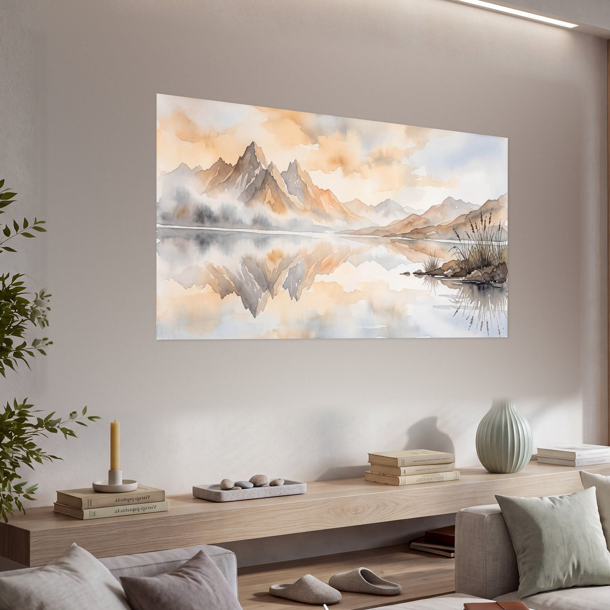 Watercolor mountain lake painting poster print in a living room above a console