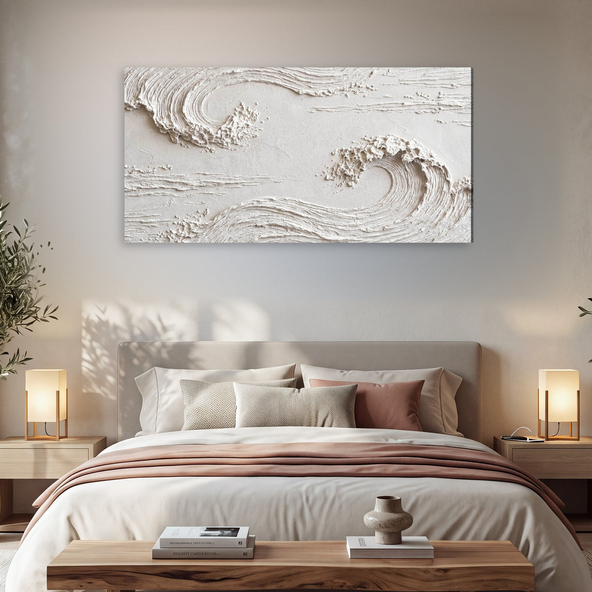 White plaster wave art canvas wall art in a bedroom above the bed