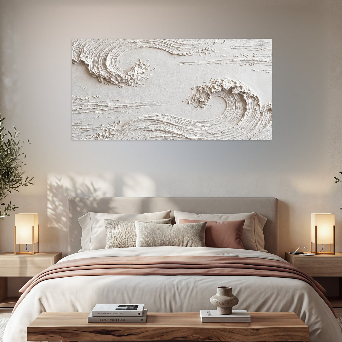 White plaster wave art poster print in a bedroom above the bed