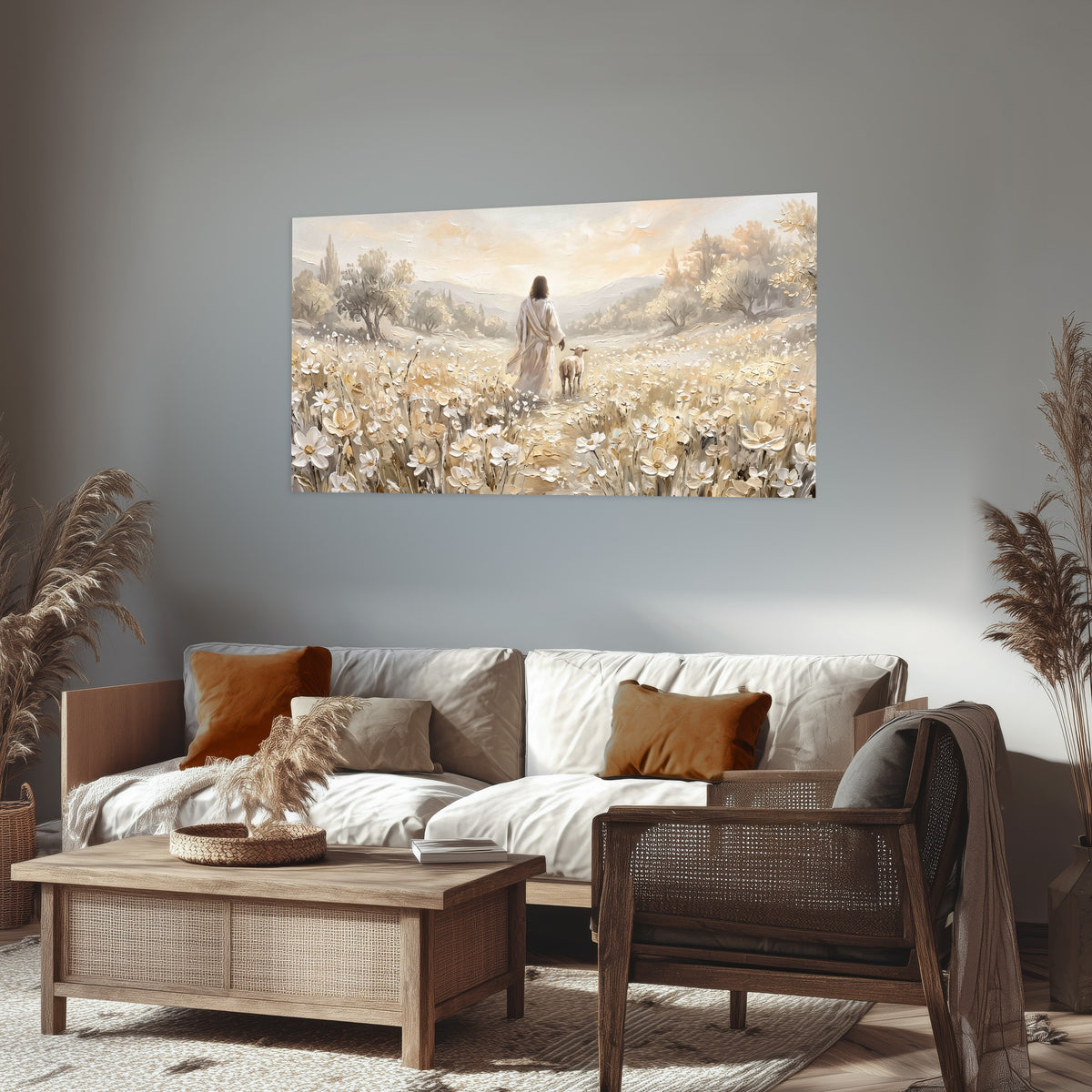 Jesus and lamb flower field painting poster print in a rustic living room
