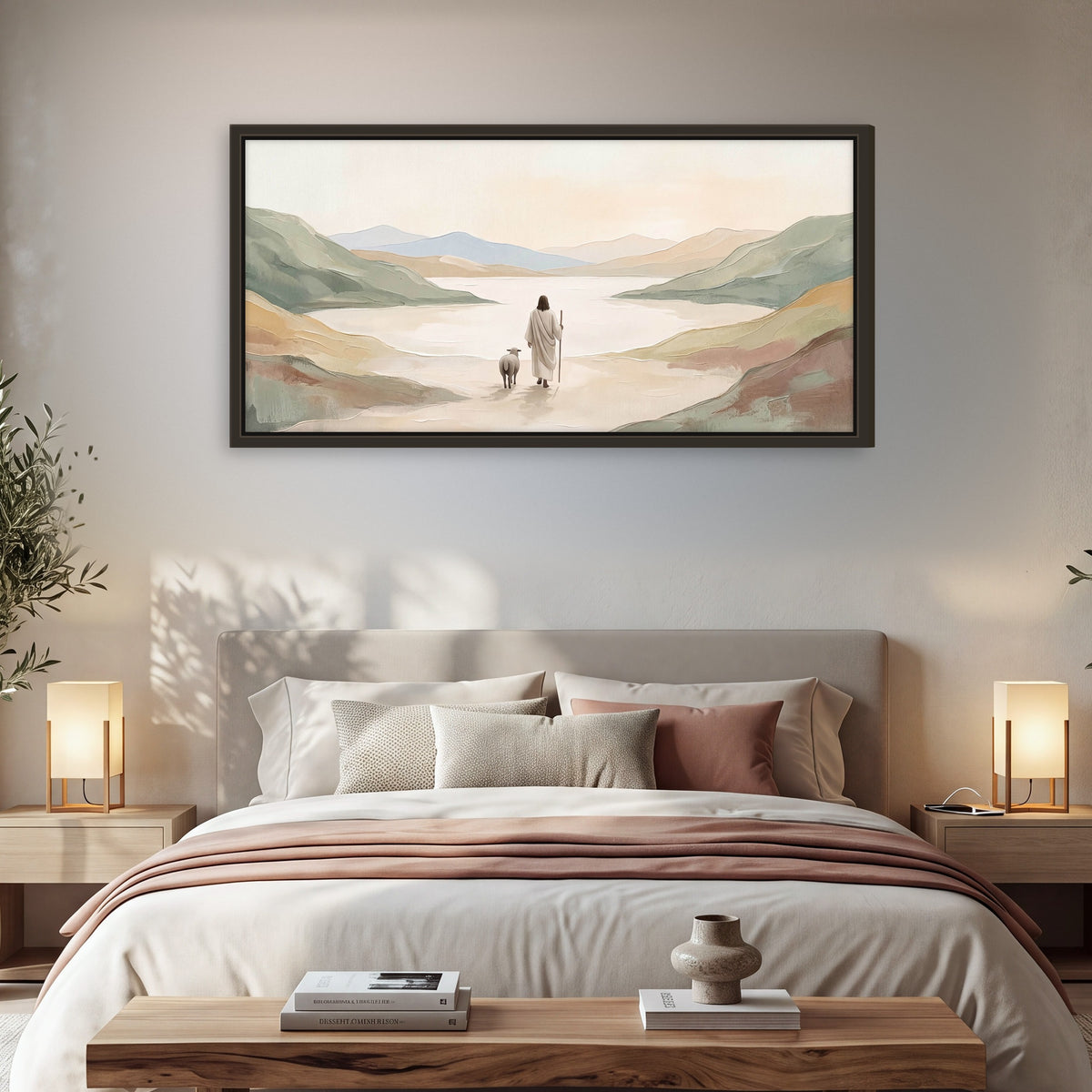 Minimalist Good Shepherd painting framed canvas wall art in a bedroom above the bed