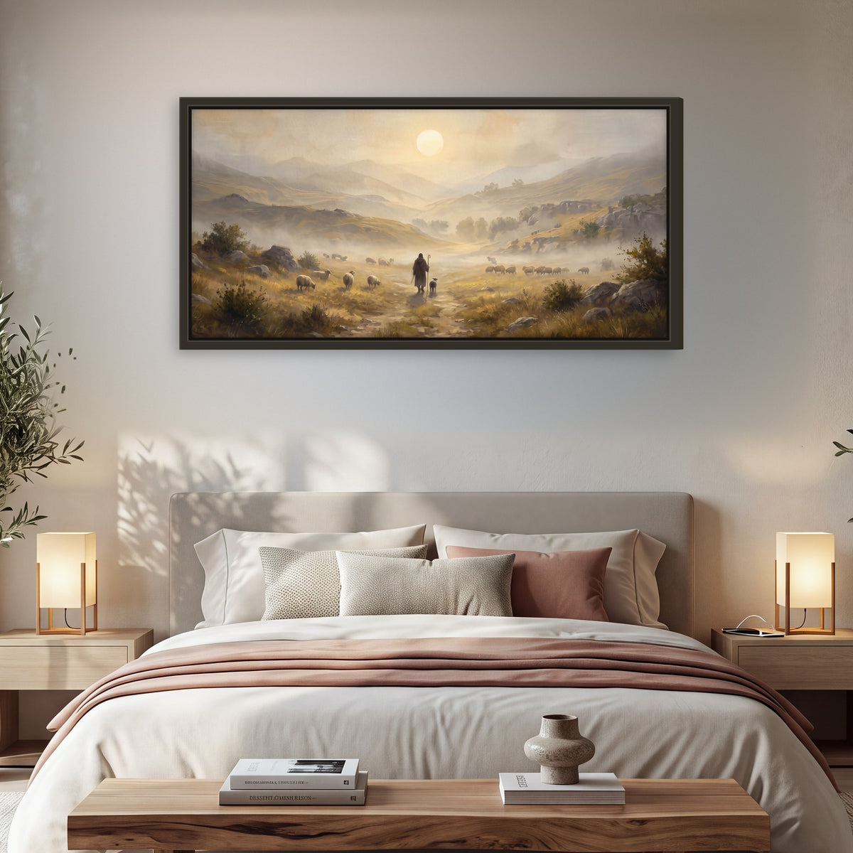 Shepherd and flock painting framed canvas wall art in a bedroom above the bed