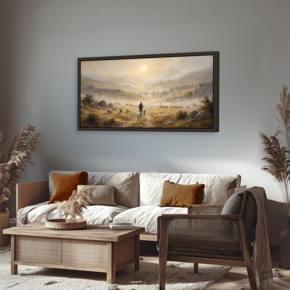 Shepherd and flock painting framed canvas wall art in a rustic living room