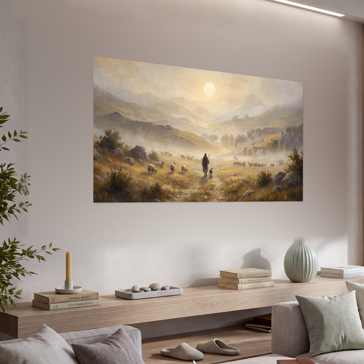 Shepherd and flock painting poster print in a living room above a console