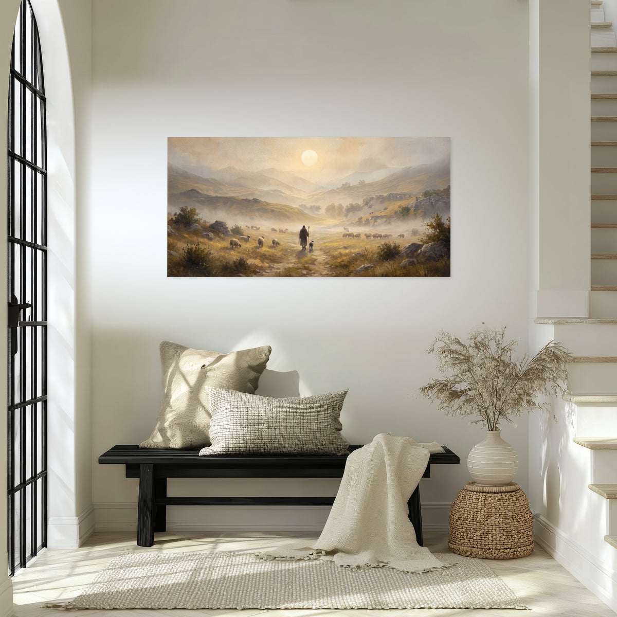Shepherd and flock painting poster print in an entryway above a bench