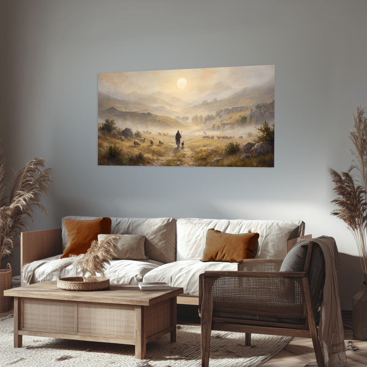 Shepherd and flock painting poster print in a rustic living room