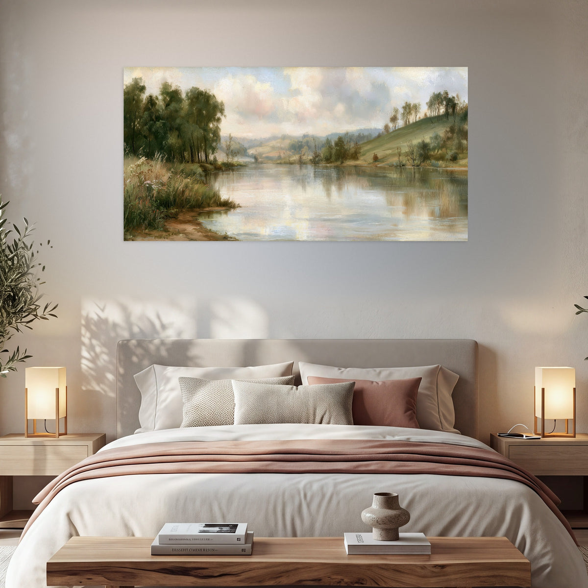 Pastel river valley painting poster print in a bedroom above the bed