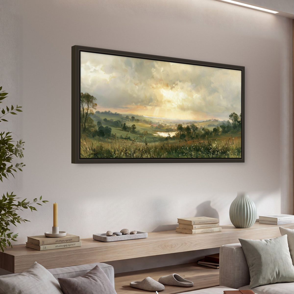Sunbeams over countryside painting framed canvas wall art in a living room above a console